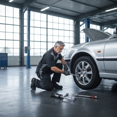 Mécanicien automobile changeant un pneu dans un garage professionnel