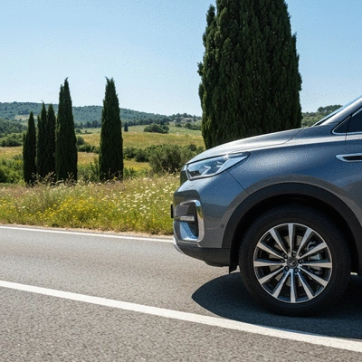 SUV driving on a sunny road in Montpellier with focus on tires