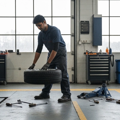 Person rotating car tires in a garage