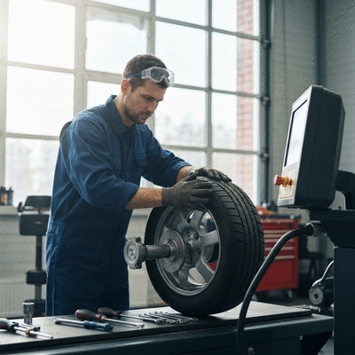 Mécanicien professionnel installant un pneu sur une machine d'équilibrage dans un garage moderne, avec des outils spécialisés
