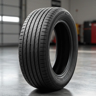 Close-up of a car tire with reinforced sidewall technology, indicating run-flat capability, on a professional garage floor, no text, no words, no typography, 8K