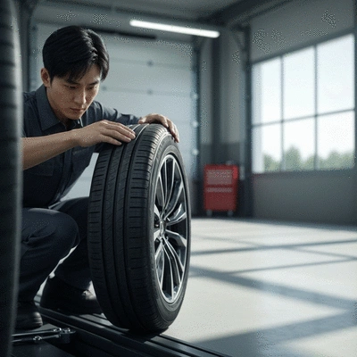 Mechanic inspecting a car tire for damage in a clean garage environment