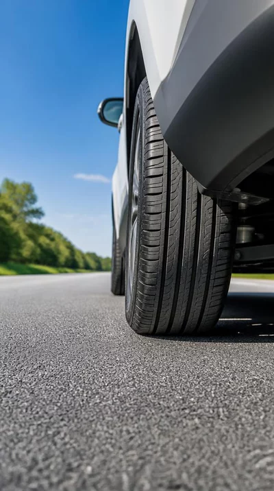 Car tire with good tread on a road, symbolizing safety