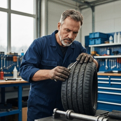 Close-up of a damaged tire being repaired by a mechanic, emphasizing precision and care