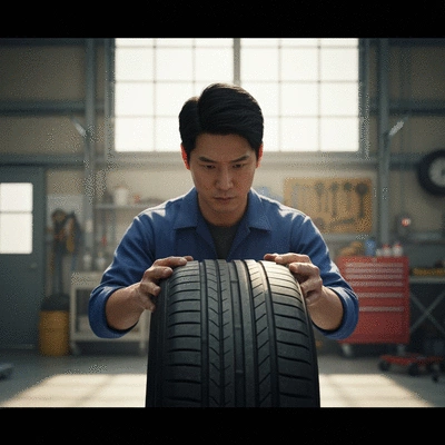 Person inspecting a used car tire for tread depth and wear.