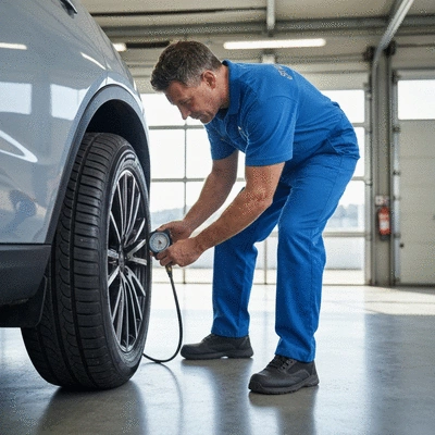 Person checking tire pressure with a gauge