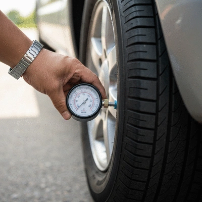 Close-up of a hand checking the air pressure in a van tire with a gauge, clean image, no text, no words, no typography, 8K