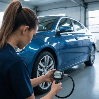 Person using a digital tire pressure gauge on a car tire