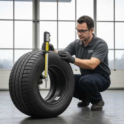 Un technicien de garage inspectant un pneu de voiture avec un jauge de profondeur de bande de roulement, dans un environnement de garage propre et professionnel.
