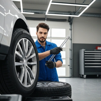 Technician mounting a car tire at a customer's home