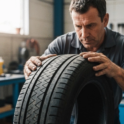 Mechanic inspecting a used tire for quality and safety