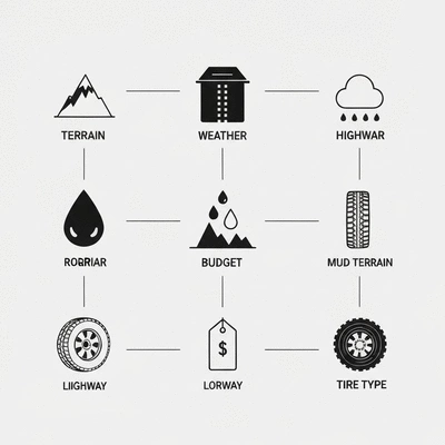 Infographic illustration showing factors for choosing tires: terrain, weather, budget, and tire type, no text, no words, no typography, no labels, clean image