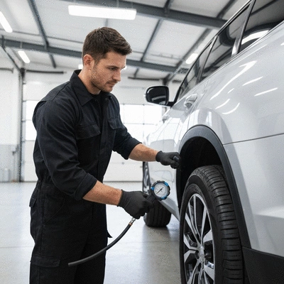 Mechanic checking tire pressure with a gauge, in a clean garage environment