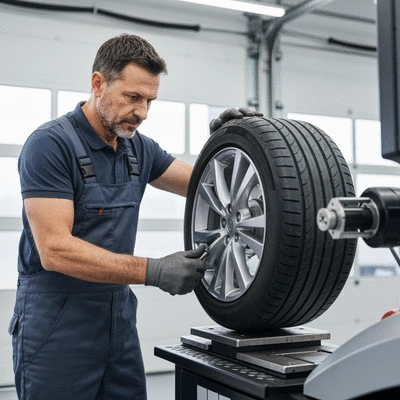 Professional mechanic balancing a car tire using a balancing machine in a modern garage, focus on precision and technology