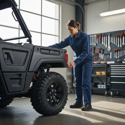 Mechanic inspecting a utility vehicle tire in a garage setting