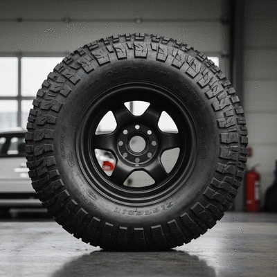 Gros plan sur un pneu tout-terrain à bande de roulement agressive, monté sur une jante, dans un environnement de garage automobile, symbolisant la polyvalence et la durabilité.