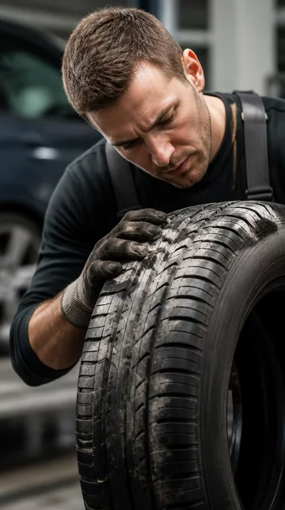 Mechanic inspecting a used car tire in a garage, close-up on tread