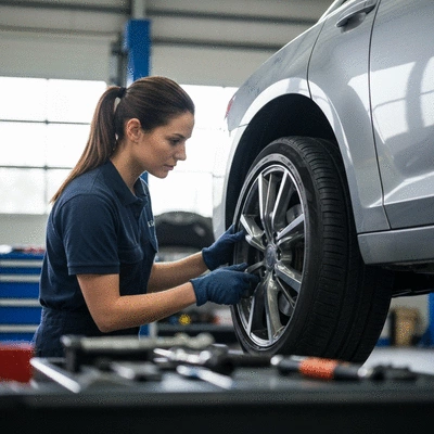 Mechanic inspecting a car tire in a garage, focus on tire
