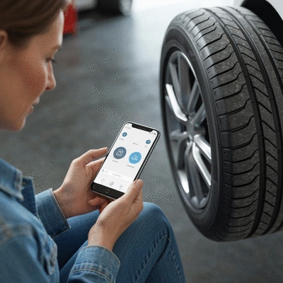 Personne utilisant un smartphone pour rechercher des informations sur les pneus en ligne