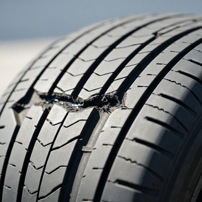 Close-up of a damaged tire with a clear indication of a puncture