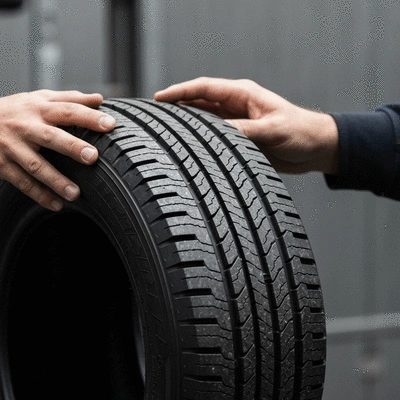 Hands holding a remanufactured tire, showing the new tread pattern and recycled materials.
