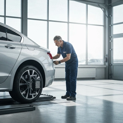 Mécanicien automobile vérifiant le parallélisme des roues d'une voiture dans un garage moderne à Montpellier