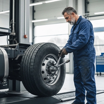 Un mécanicien changeant un pneu de camion avec des outils professionnels