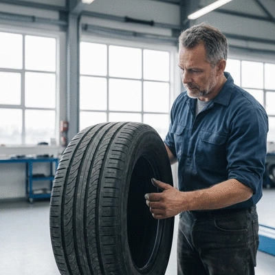Mechanic inspecting a used tire for quality and safety