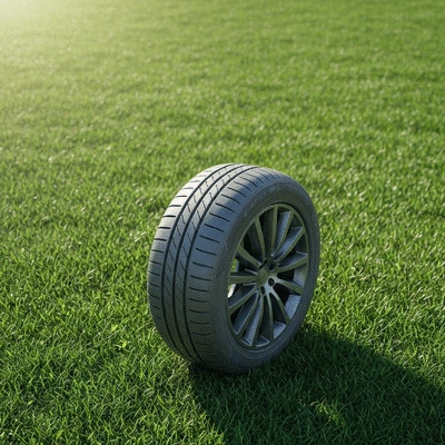 Eco-friendly tire on green grass, symbolizing environmental care