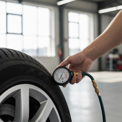 Close-up of a hand checking tire pressure with a gauge, clean auto shop background, no text, no words, no typography, 8K