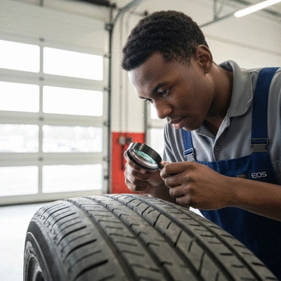 Person inspecting a used car tire for wear and damage