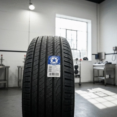 Close-up of a well-maintained used tire with a clear warranty sticker