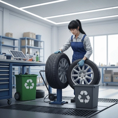 Mechanic repairing a tire with eco-friendly tools