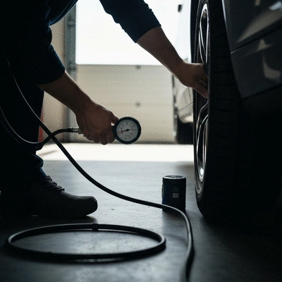 Person checking tire pressure with a gauge