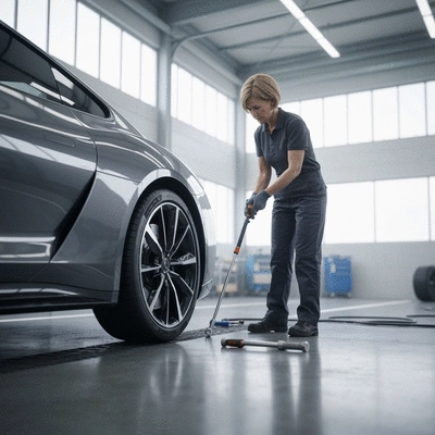 Professional mechanic replacing a tire in a garage, clean and well-lit environment