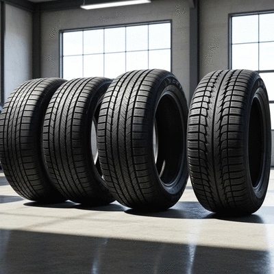 Various types of tires (summer, winter, all-season) displayed in a garage