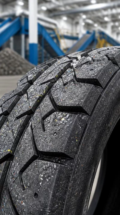 Close-up of a recycled tire showing its texture and sustainable materials