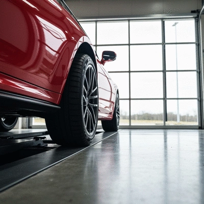 Car on a lift in a garage, focusing on tires, clean and modern setting, no text, no words, no typography, clean image