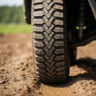 Close-up of a 4x4 tire with aggressive tread on a muddy off-road track, clean image, no text, no words, no typography, no labels