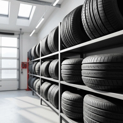 Car tires on a shelf in a garage