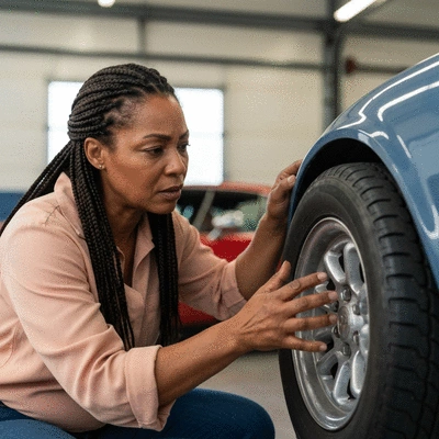 Person evaluating tire damage, deciding between repair and replacement