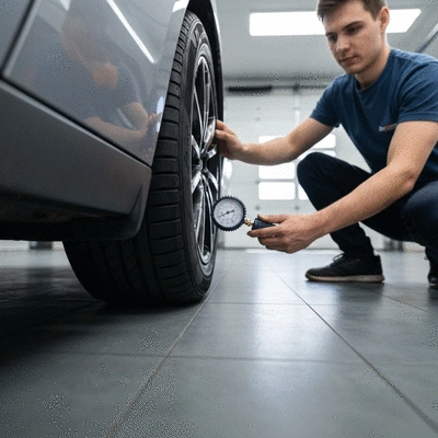 Car tire with a person checking the pressure with a gauge, in a clean garage setting