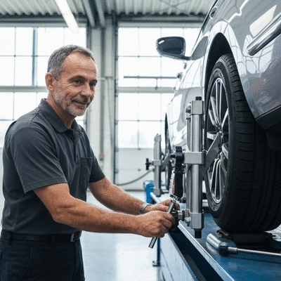 Mechanic working on car tire alignment