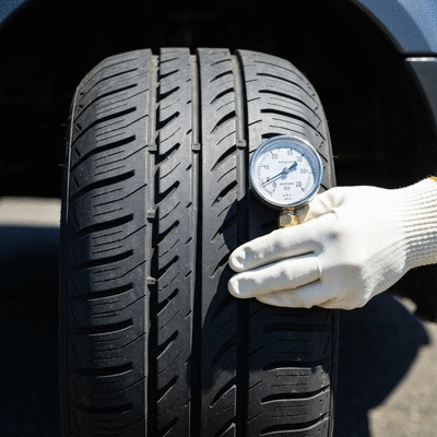 Close-up of a hand checking tire pressure with a gauge