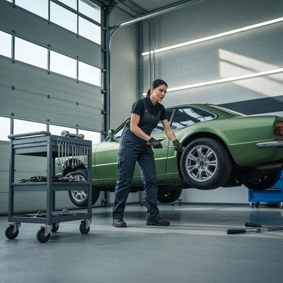 Mechanic working on car tire change with tools in a garage