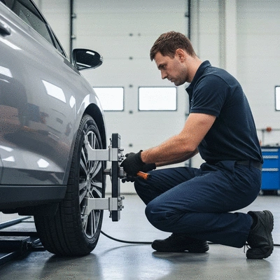 Mechanic working on car wheel alignment with specialized equipment