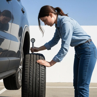 Person checking tire tread depth with a gauge