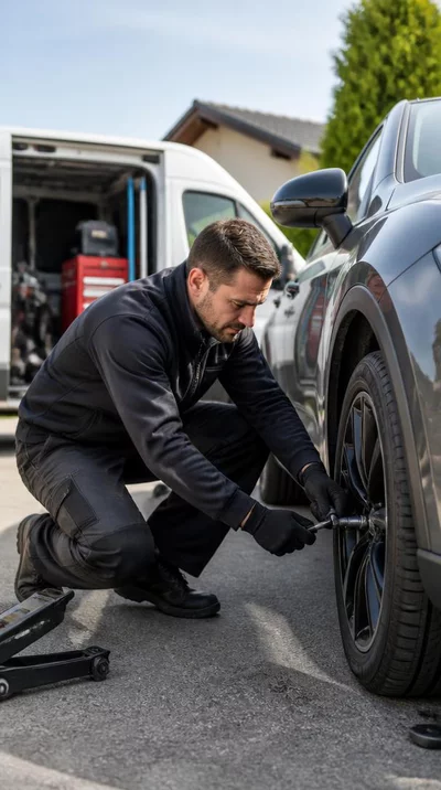 Technician repairing a flat tire on a car at a customer's home