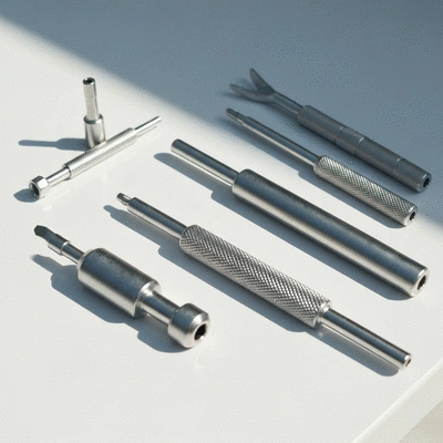 Close-up of a tire repair kit with tools