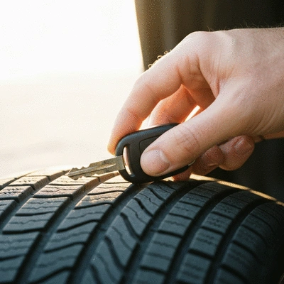 Gros plan d'une main tenant une clé de voiture sur un pneu